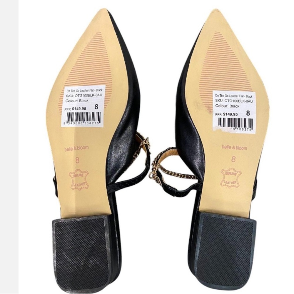 NWT Belle &Bloom On The Go Black Leather Mules with Gold Chain Size 8 - Picture 4 of 4
